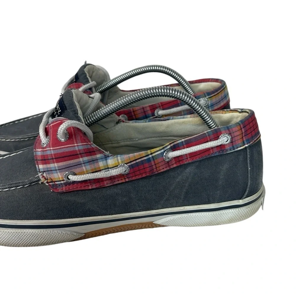 B8 Men’s Sperry Top-Sider Blue Plaid Trim Preppy Canvas Boat Shoes 10.5